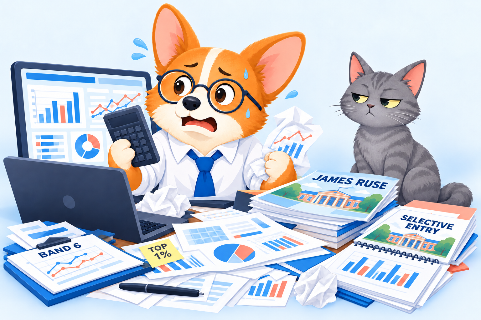 Corgi Cat Miao, a flustered corgi data analyst, reviews dashboards, graphs, a James Ruse prospectus and selective-entry material while an unimpressed grey tabby watches