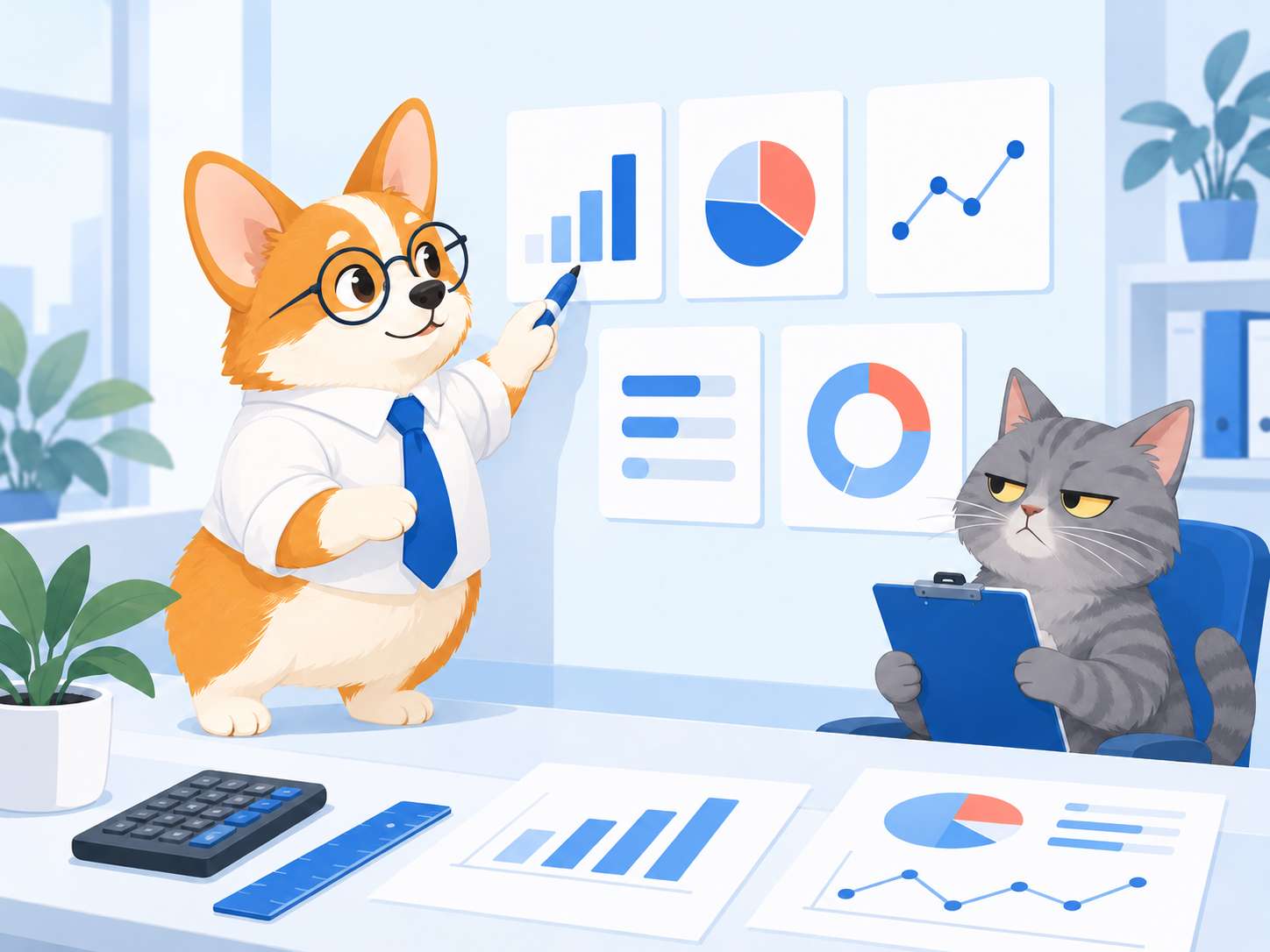 Corgi Cat Miao presents five data displays while an unimpressed medium-grey tabby checks the methodology on a clipboard